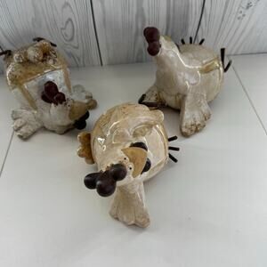 Set of 3 Whimsical Pottery Chicken Hen Rooster Figures Speckled Glaze Metal Feet